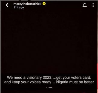 Unlike Actress Eniola Badmus BBNaija’s Mercy Eke says ‘We need a visionary 2023’ urges people to get their voters card