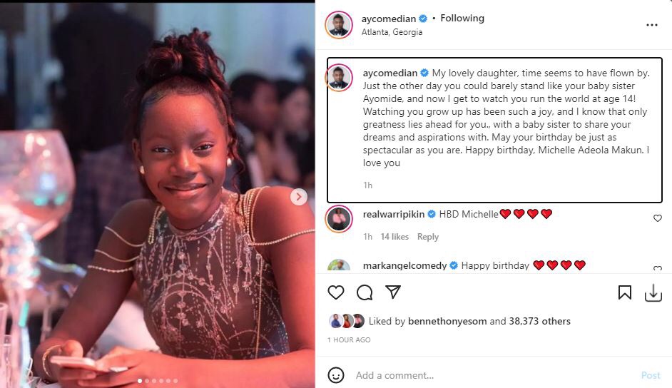 ‘Watching you grow up has been such a joy’ Comedian AY showers lover on her first daughter as she celebrates her 14th birthday