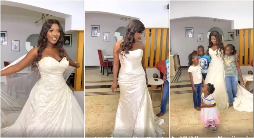 Fans get amazed as Actress Mercy Johnson rocks her wedding dress after 10 years and 4 kids