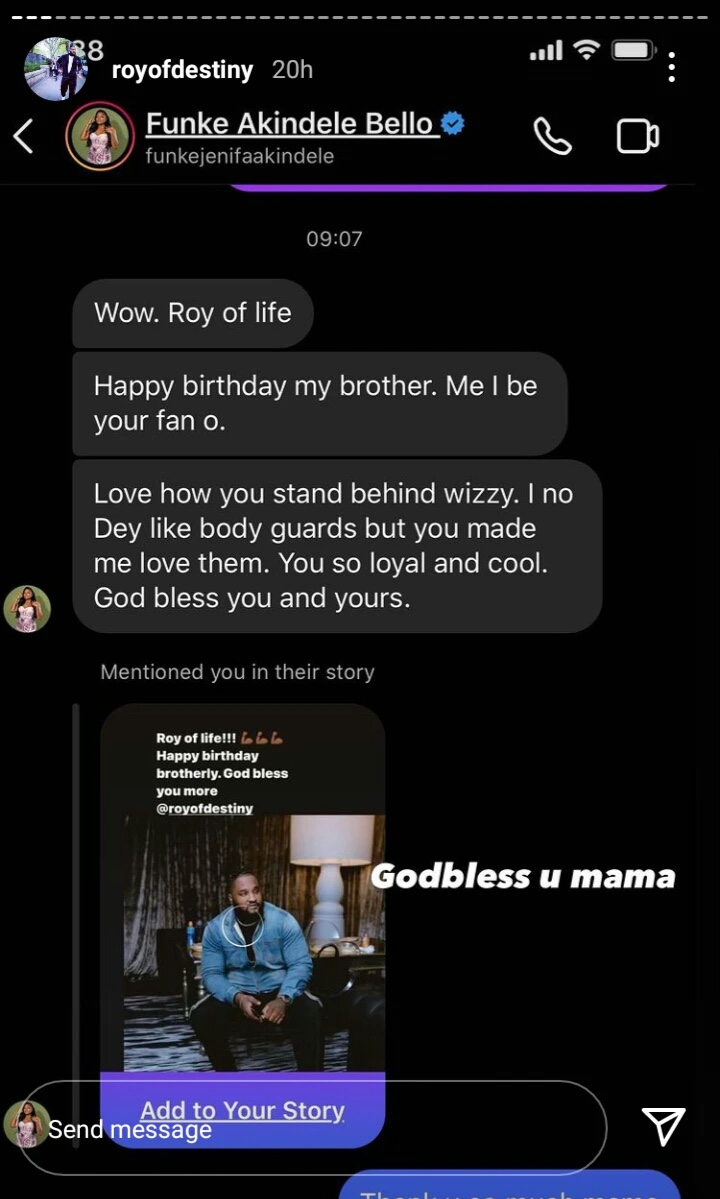 Wizkid’s Bodyguard, Roy Reveals The Message Funke Akindele Sent To Him On His Birthday