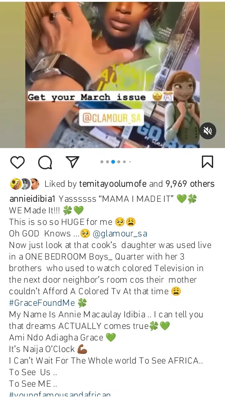 From cook girl living in boys quarter to South African Magazine cover – Annie Idibia brags