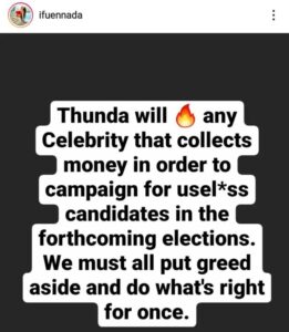 2023: Thunder will fire any celebrity that collects money to campaign for useless candidates – Reality TV star Ifuennada