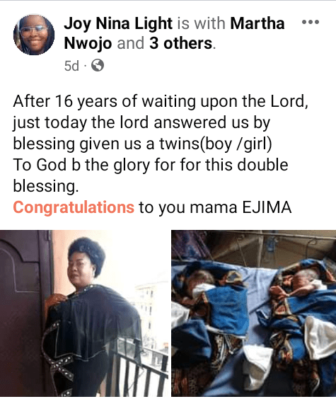 Nigerian woman gives birth to twins after 16 years of waiting