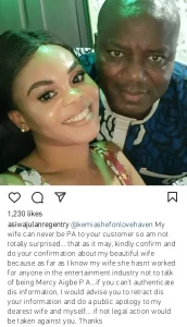 “My wife has never been a P.A to Mercy Aigbe”, Lanre Gentry blows hot, threatens legal action