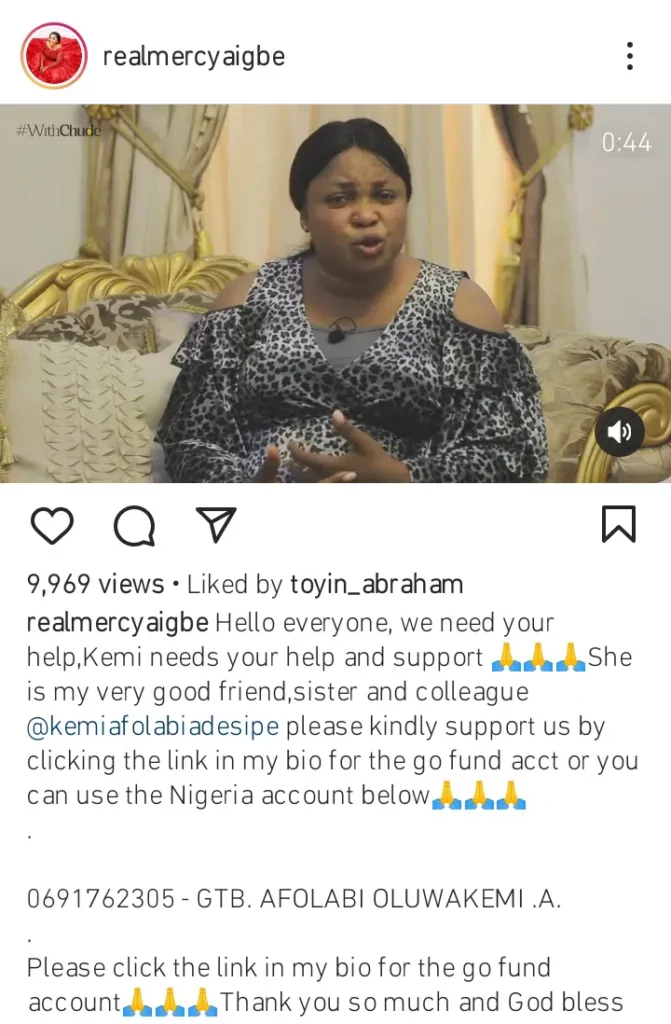 Mercy Aigbe, Toyin Abraham, Mide Martins and others crowdfund for Kemi Afolabi