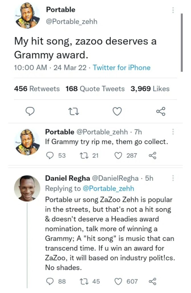 "Your song doesn’t even deserve a Headies award” Portable knocked for claiming ‘Zazoo’ deserves a Grammy award