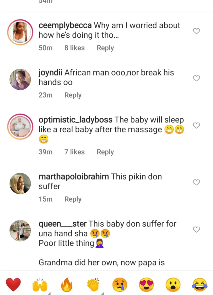 ‘Don’t break his hand’ Fans express concern as BBNaija’s Omshola massages his 3-month-old baby