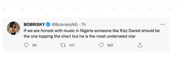 ‘Kizz Daniel should be the one topping chart in Nigerian music, but he is the most underrated star’- Bobrisky