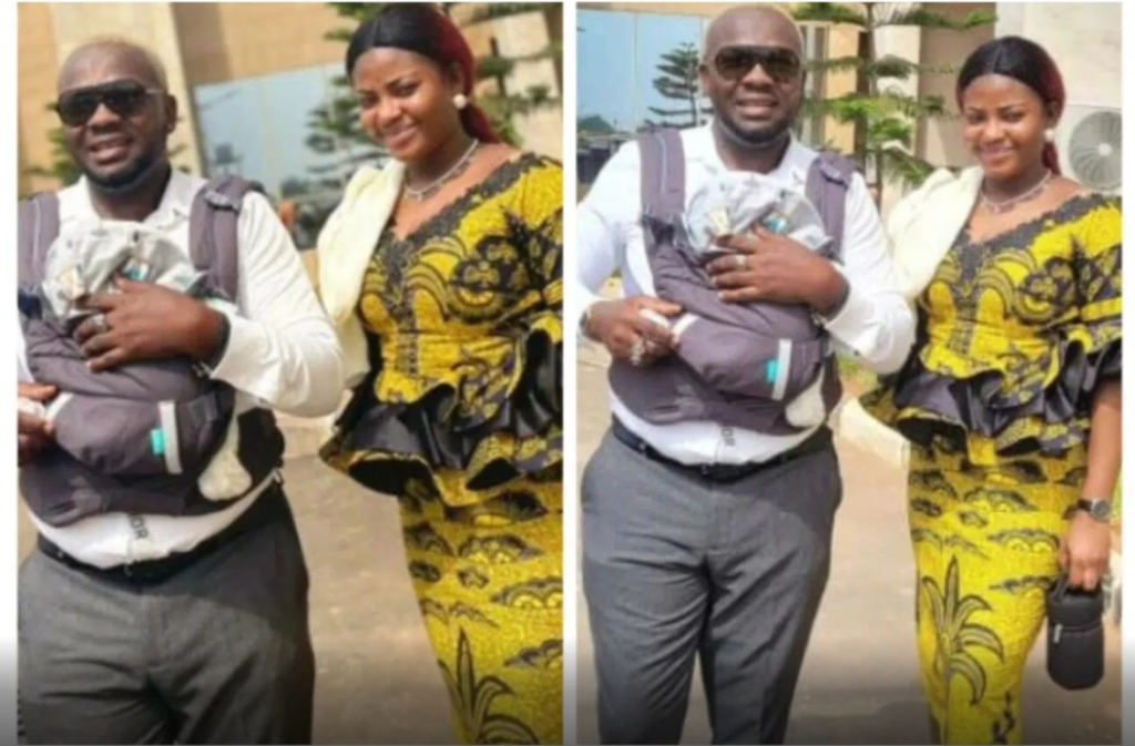 Yomi Fabiyi attends function with his newborn son on baby carrier