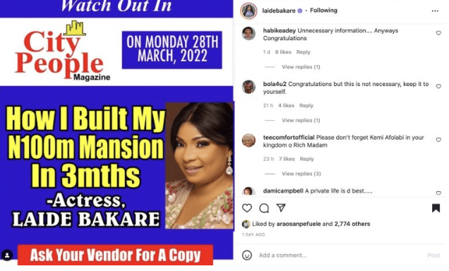 Don’t forget Kemi Afolabi need 60 million – Reactions as Laide Bakare reveals she built her new house worth of N100 million Naira within 3 month