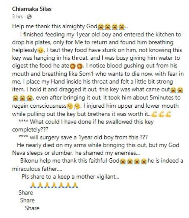 Nigerian mom grateful to God for saving her 1-year-old son after he swallowed a key