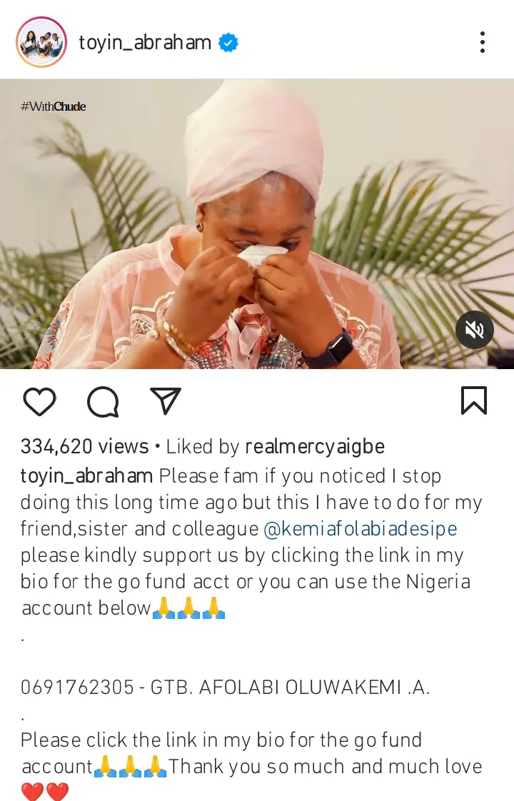 Mercy Aigbe, Toyin Abraham, Mide Martins and others crowdfund for Kemi Afolabi