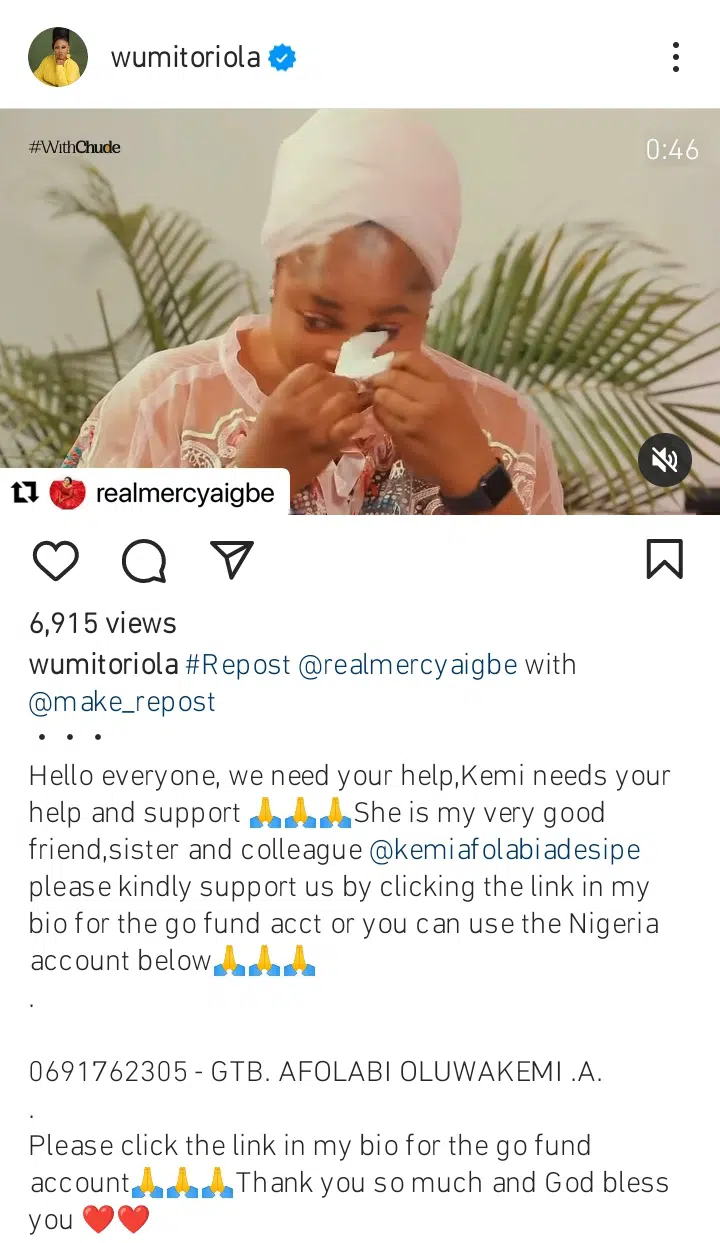 Mercy Aigbe, Toyin Abraham, Mide Martins and others crowdfund for Kemi Afolabi