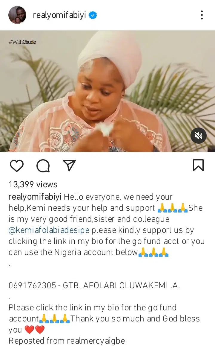 Mercy Aigbe, Toyin Abraham, Mide Martins and others crowdfund for Kemi Afolabi