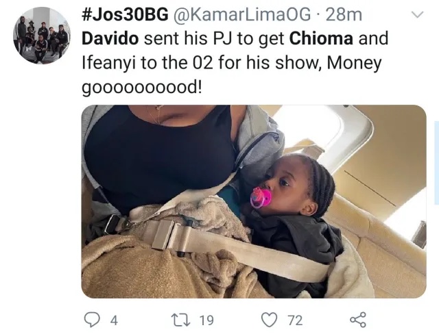 “He turned private jet to Uber” Nigerians react as Davido sents private jet to bring Chioma and son Ifeanyi to his London show (video)