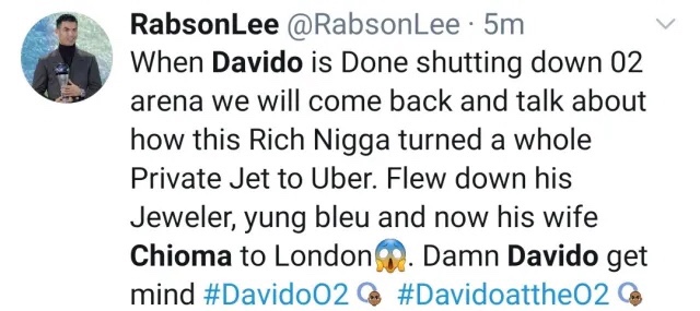 “He turned private jet to Uber” Nigerians react as Davido sents private jet to bring Chioma and son Ifeanyi to his London show (video)