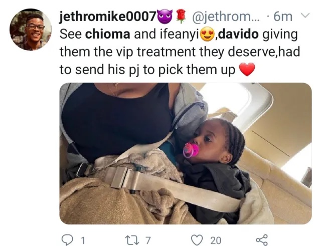 “He turned private jet to Uber” Nigerians react as Davido sents private jet to bring Chioma and son Ifeanyi to his London show (video)