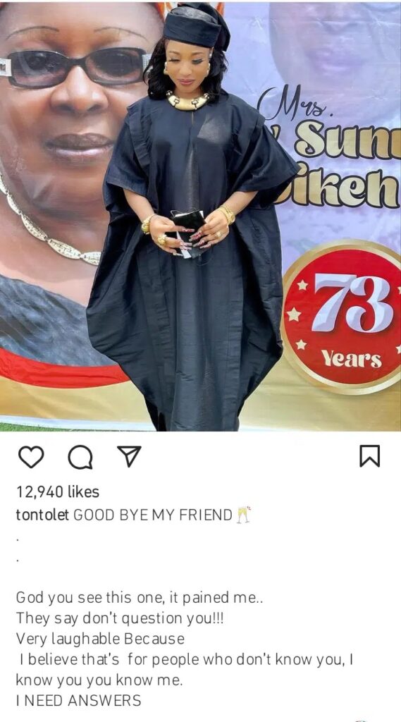 “I know you, so I need answers”, Tonto Dikeh questions God as she bids her stepmother goodbye