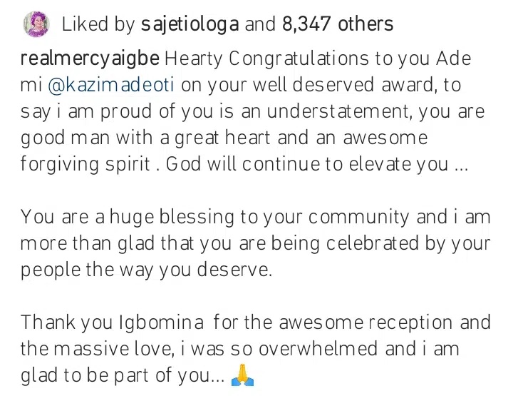 Mercy Aigbe’s husband, Kazim Adeoti bags award amidst marriage controversy