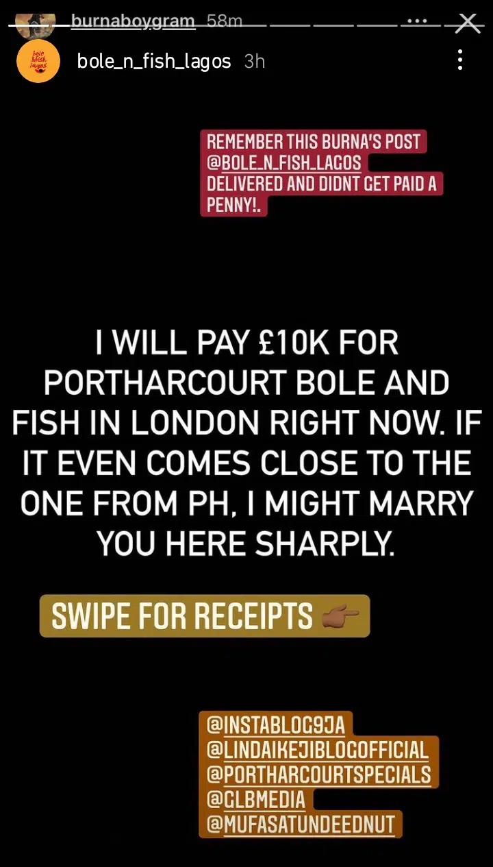 Lady calls out Burna Boy and his mother for unpaid “Bole and Fish” delivery in London