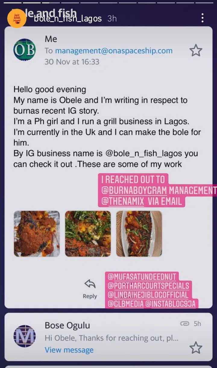 Lady calls out Burna Boy and his mother for unpaid “Bole and Fish” delivery in London