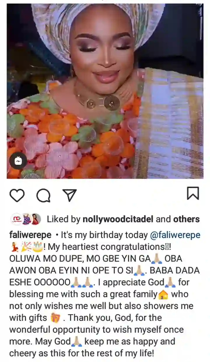 Veteran Yoruba Actress, Fali Werepe Celebrates Her Birthday shares beautiful photos