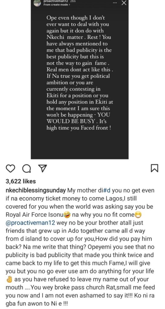 Actress Nkechi Blessing shares her chat with Opeyemi Falegan and videos from his friends in London saying he is fake, to dispute his claims that she came for his money