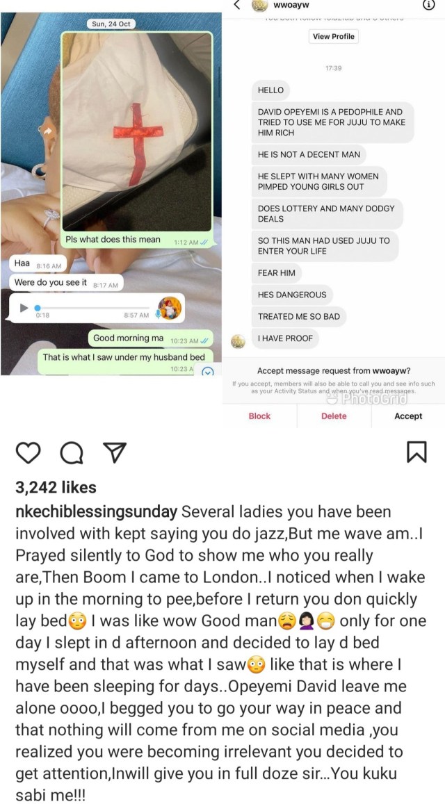 Actress Nkechi Blessing shares her chat with Opeyemi Falegan and videos from his friends in London saying he is fake, to dispute his claims that she came for his money