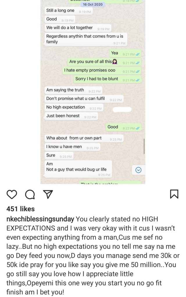 Actress Nkechi Blessing shares her chat with Opeyemi Falegan and videos from his friends in London saying he is fake, to dispute his claims that she came for his money