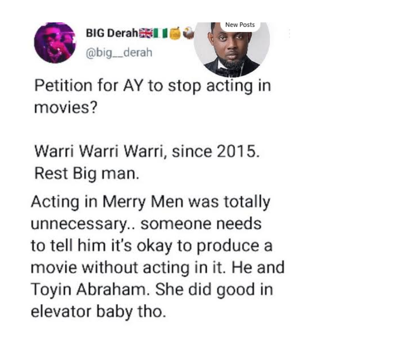 'Actress Toyin Abraham and AY should stop acting in movies,’ Man declares, Nigerians react