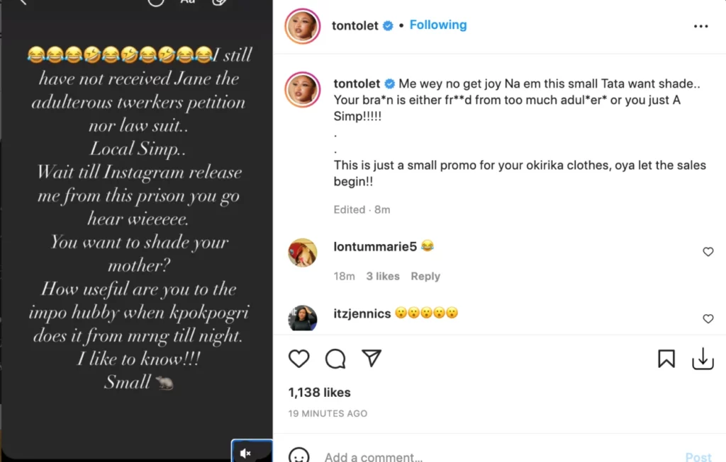 ‘Adulterous twerker, how useful are you to your impotent husband,’ Actress Tonto Dikeh rips Jane Mena to pieces after a subtle shade