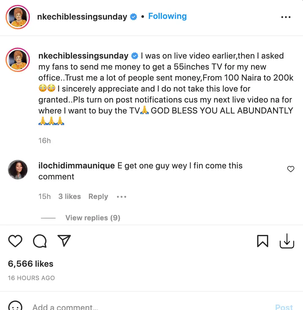 Actress Nkechi Blessing begs fans for money to buy 55 inches TV