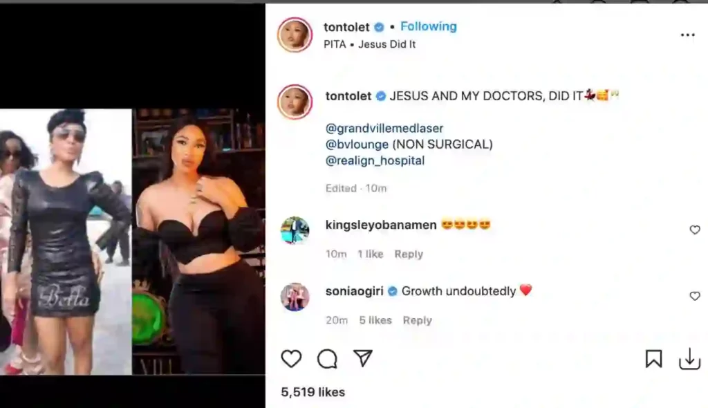 ‘Jesus and my doctors did it’ Actress Tonto Dikeh brags as she shares before and after photos of her body transformation