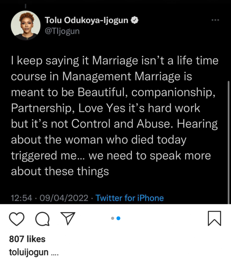 “Marriage isn’t a life time, speak out against domestic violence” – Tolu Odukoya cries out after gospel singer, Osinachi dies from abusive marriage