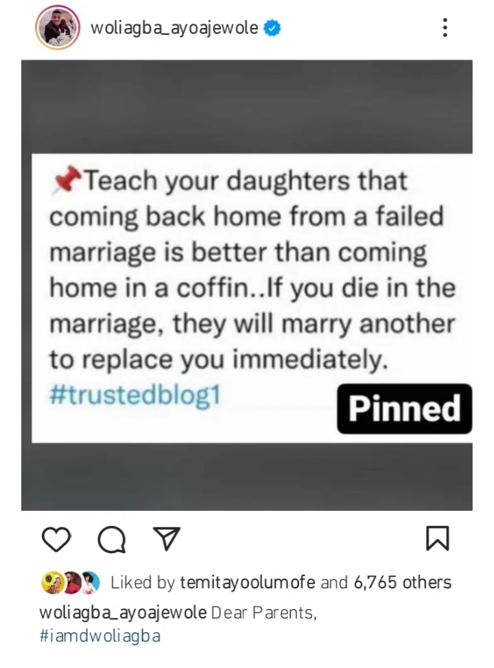 “What parents should teach their daughters about marriage” Woli Agba advises