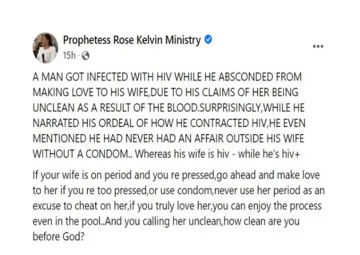 "If your wife is on period and you’re pressed, go ahead and make love to her” – Prophetess Rose Kelvin