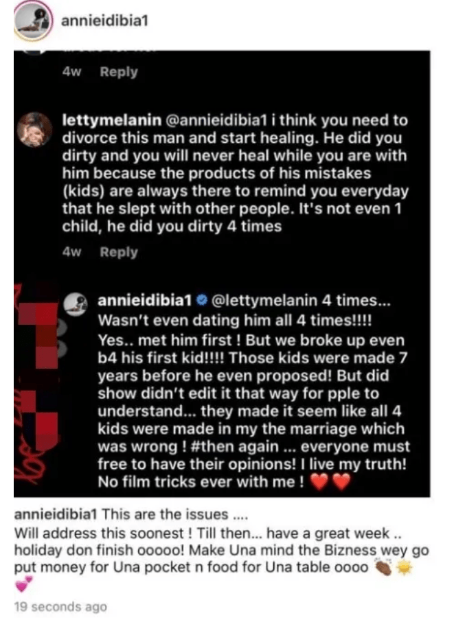 Annie Idibia replies fan who advised her to divorce Tubaba so that she may heal