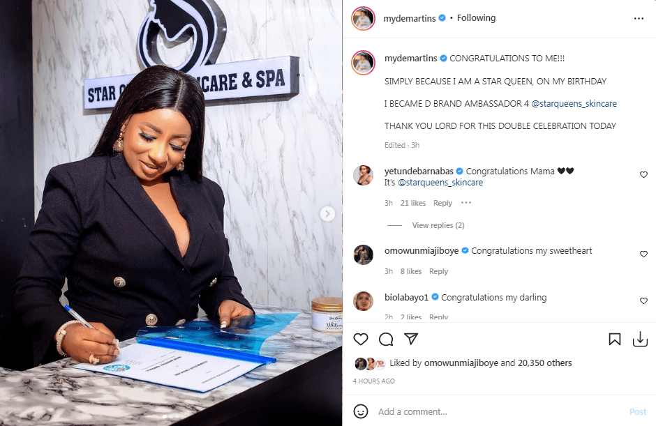 ‘DOUBLE CELEBRATION TODAY’ – Actress Mide Martins says as she bags an Endorsement deal while celebrating her birthday