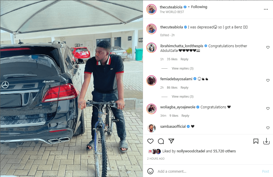 After buying 3 plots of land, Comedian Cute Abiola buys second Benz in one year