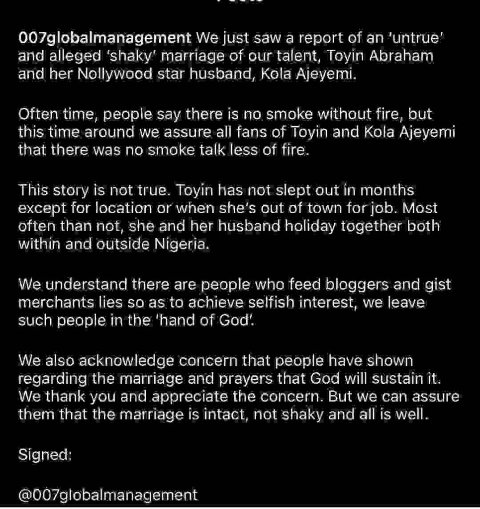 Toyin Abraham’s management opens up on her alleged marital crisis