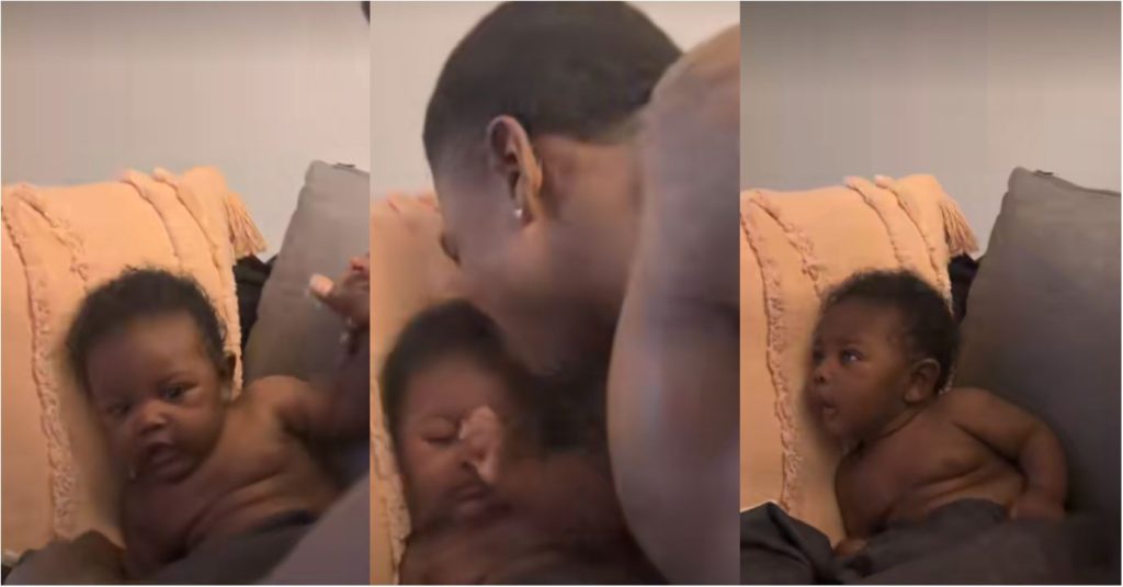 Social media users React As 2month old little girl frowns and Dodges his Dad kisses, ( Watch Video)