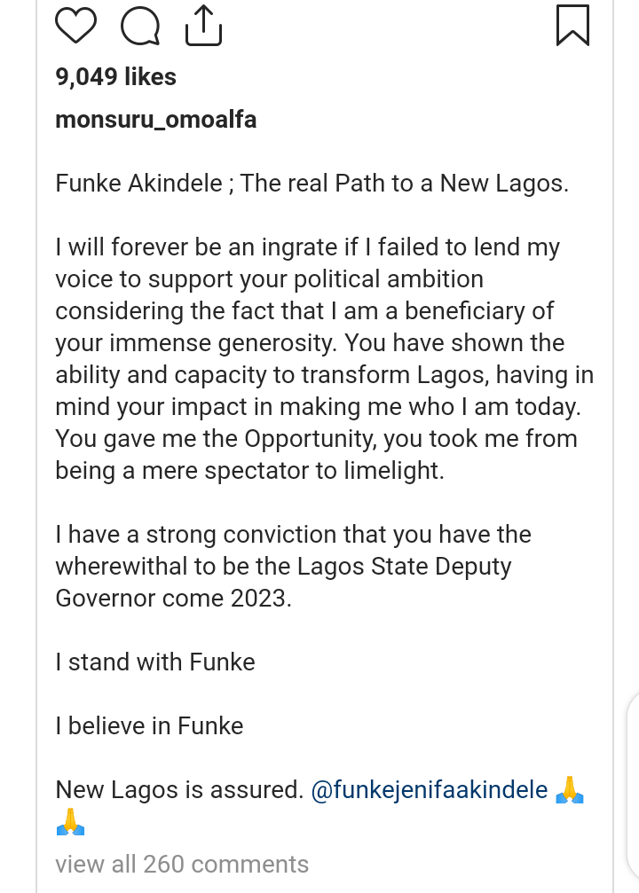 “I believe and stand with Funke Akindele, new Lagos is assured”- Monsuru drum support of Funke Akindele