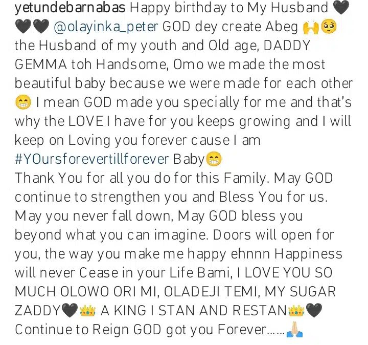 “The husband of my youth and old age” Yetunde Barnabas pens romantic birthday message to husband, Olayinka Peters