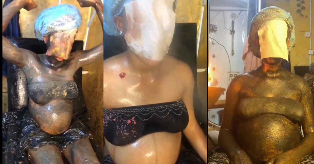 “Why Is the Werey covering her face” – Netizen React As Heavily Pregnant Woman Undergo Chemical Bleaching From Dark Skin to White Skin in Just An Hour (Video)