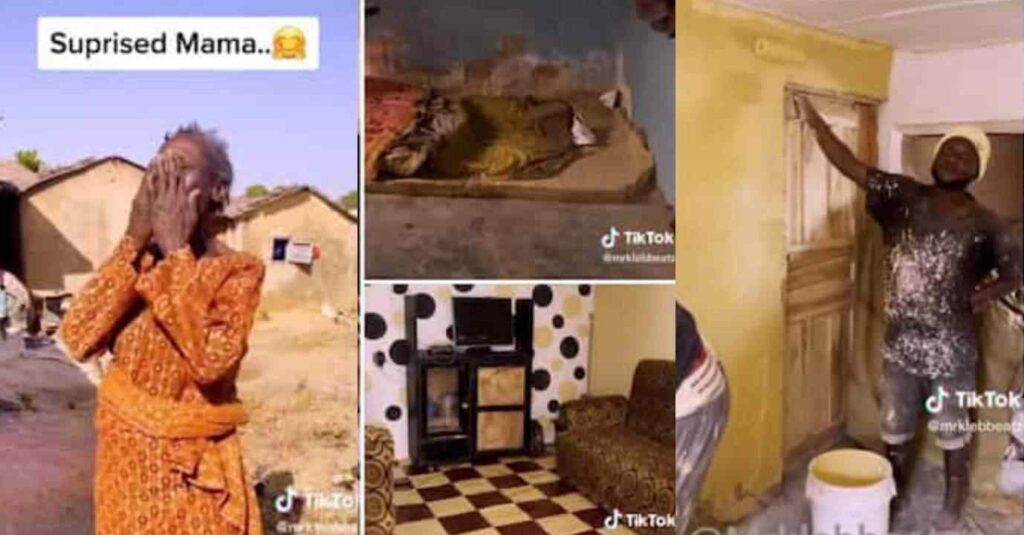 “Wow!This is Really Beautiful”: Man Restructure The House of A Poor Woman Who Sleeps on Tiny Roasting Foam, Repaints it, Video Goes Viral