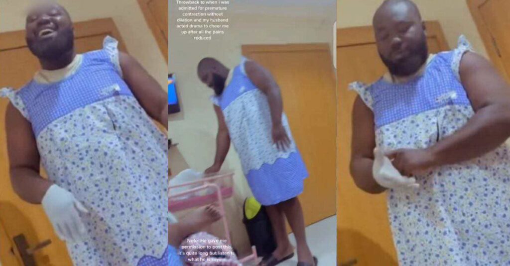 "God Bless Every Man Making His Wife and Children Happy" – Nigerian Man Rocks Maternity Cloth, Dances at Hospital to help and Cheer His pregnant wife in Labour (Video)