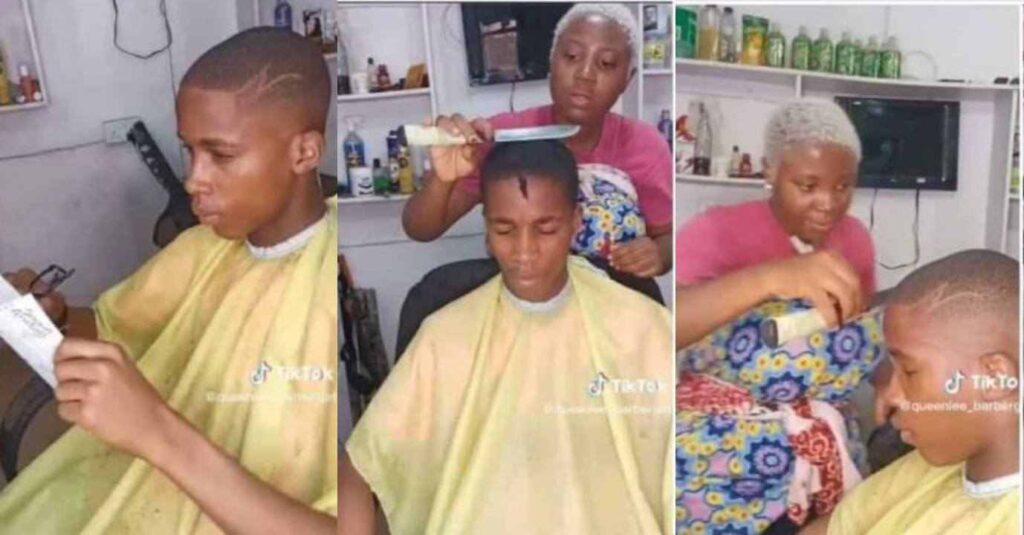 "She Is Extra Ordinarily Good"– Female Barber Who Uses Knife To Give Boy Beautiful Haircut in video, Goes Viral (Video)