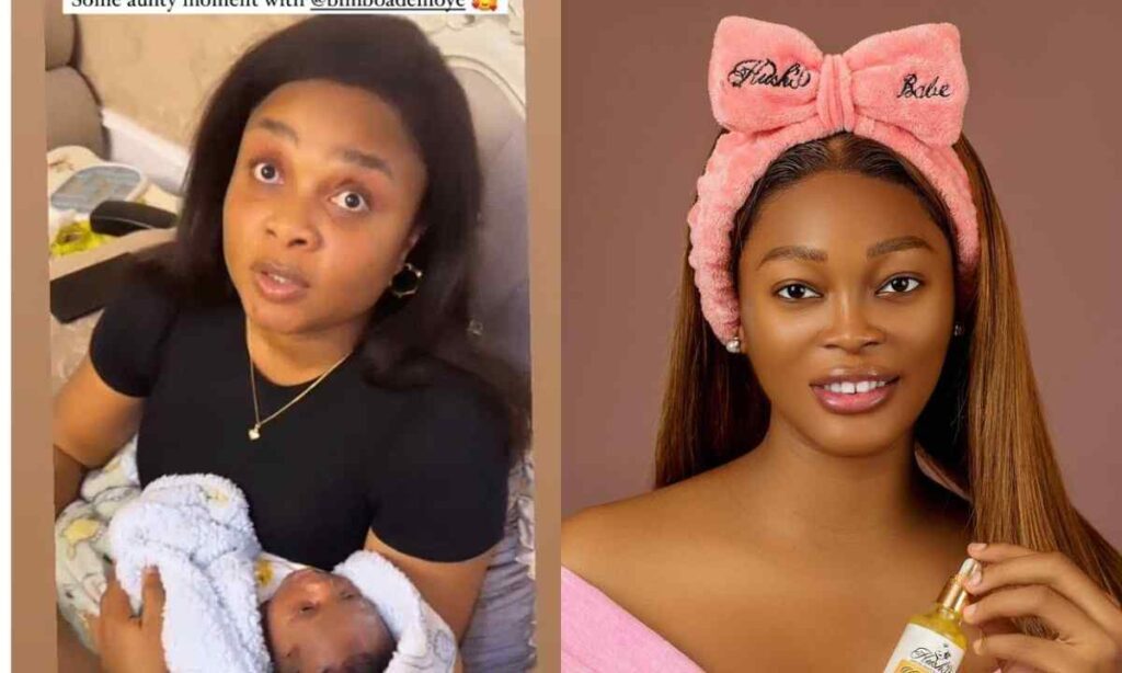 “Baby Fit you oo” – Reactions As Actress Bimbo Ademoye visits Kiekie’s house, shares fun moments with Comedian and her new baby (Video)