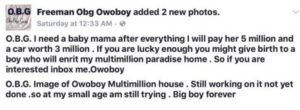 Popular Nigerian ‘big boy’ Who Sleep On Money Promise To Give N5Billion and Benz to any lady willing to be his Baby mama (See How To Apply)