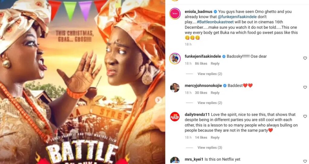 Actress Eniola Badmus puts political differences with Funke Akindele aside, promote her new movie